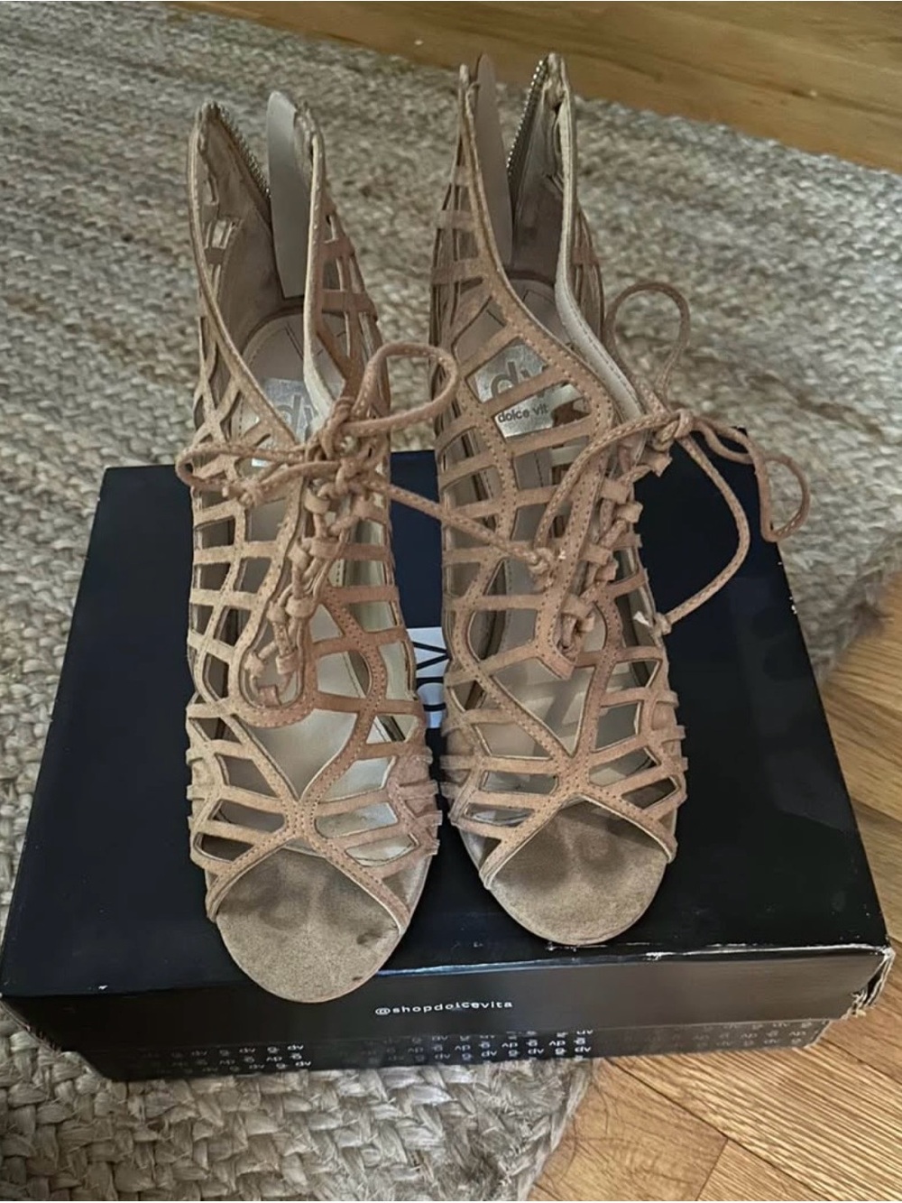 Dolce Vita Lace-Up Cage Peep-Toe Heels in Tan